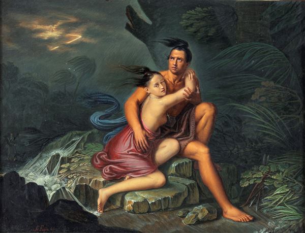 Coppia di nativi americani sorpresi da una tempesta