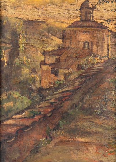 Veduta del duomo di Todi, olio su legno su masonite