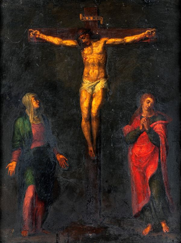 Pittore del XVI secolo - Cristo crocifisso con la Madonna e San Giovanni Evangelista