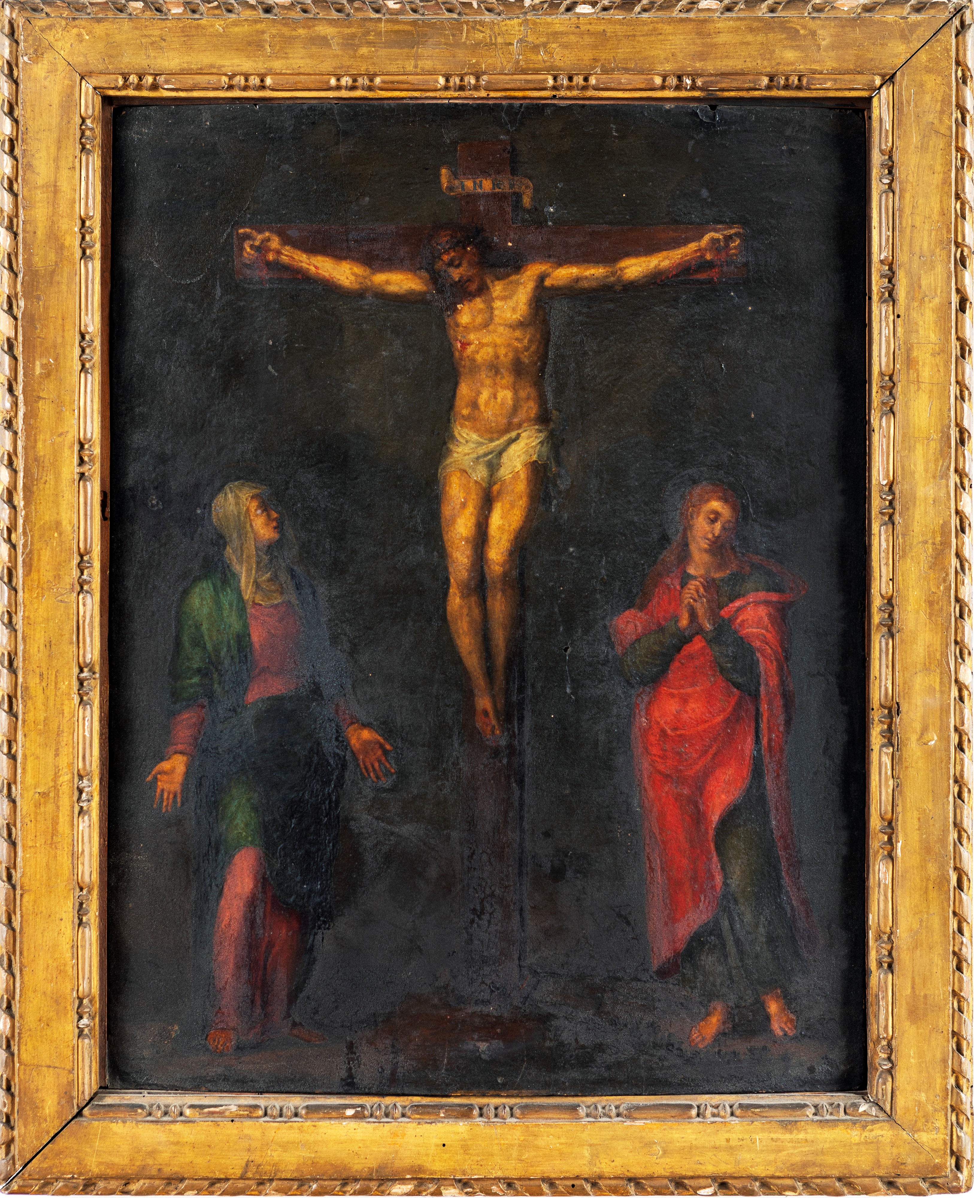 Pittore del XVI Secolo - Cristo Crocifisso con la Madonna e San Giovanni Evangelista