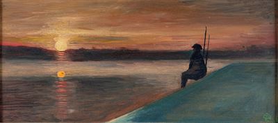 Pescatore sul molo al tramonto, olio su legno