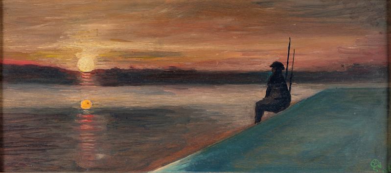 Pittore del XX Secolo - Pescatore sul Molo al Tramonto