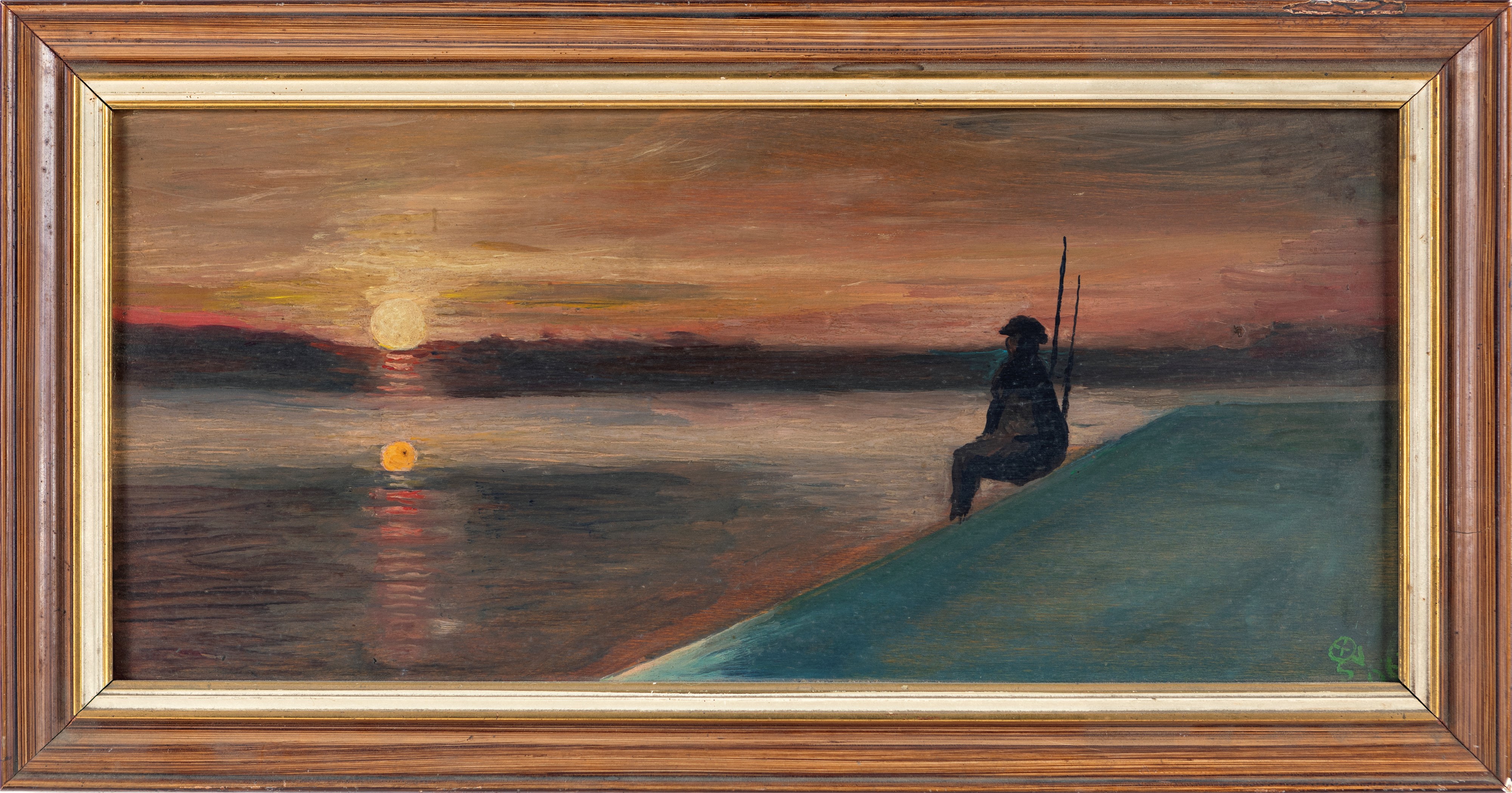 Pittore del XX Secolo - Pescatore sul Molo al Tramonto