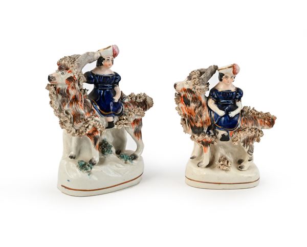 Due gruppi in ceramica policroma, Inghilterra, Staffordshire, seconda metà del XIX secolo