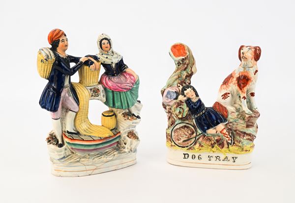 Due gruppi in ceramica policroma, Inghilterra, Staffordshire, XIX secolo