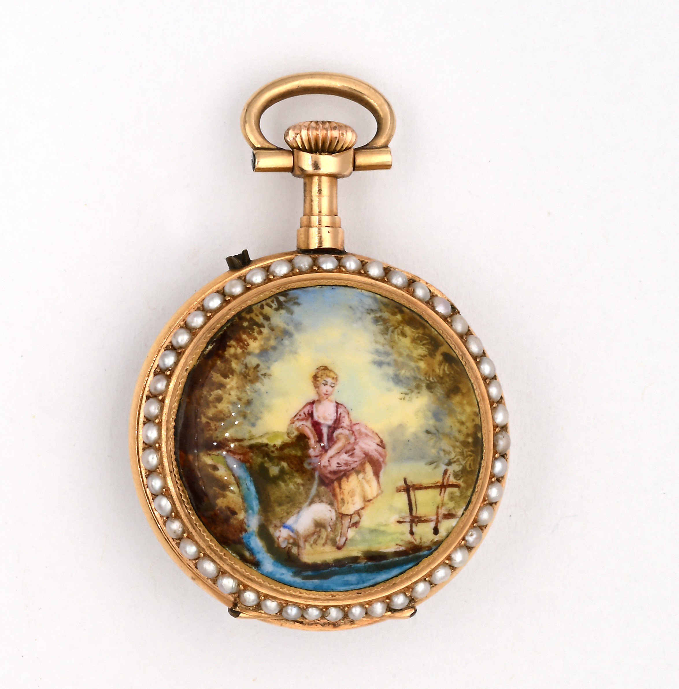 Orologio da tasca monachina a carica remontoir con cassa francese in oro 18 kt con smalti raffigu...