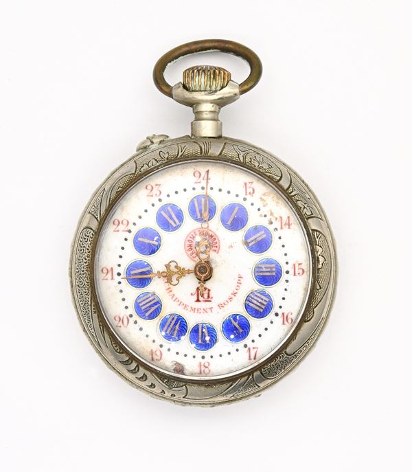 Cronometro moderno - Orologio da tasca da uomo a carica remontoir, con scappamento Roskopf, e cassa incisa in metallo cromato 