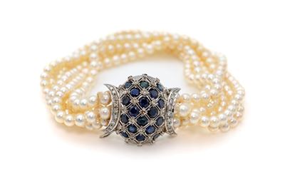 Bracciale in Perle, Oro Diamanti e Zaffiri