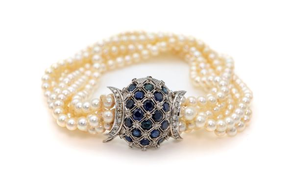 Bracciale in perle, oro diamanti e zaffiri