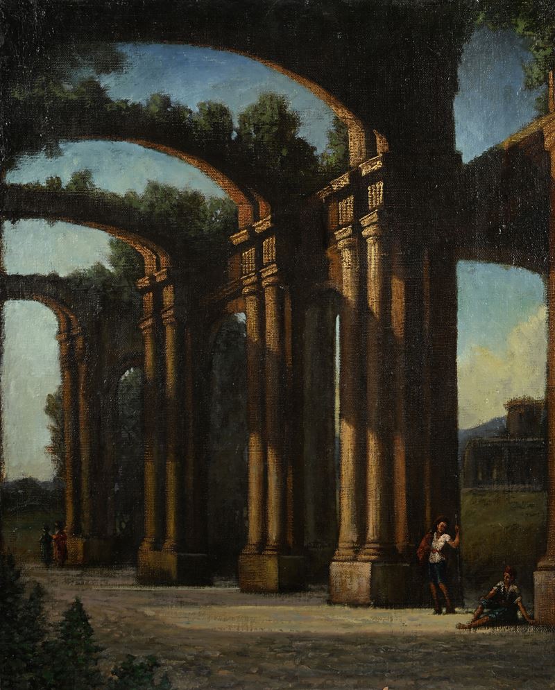 Pittore della Fine del XVIII Secolo - Ruderi Architettonici con Due Pastori