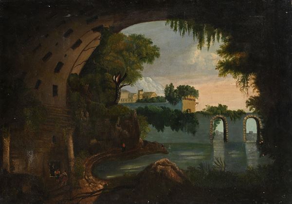 Pittore del XVIII secolo - Paesaggio con lago e archi