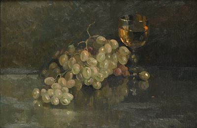 Natura Morta con Uva e Calice di Vino Bianco
