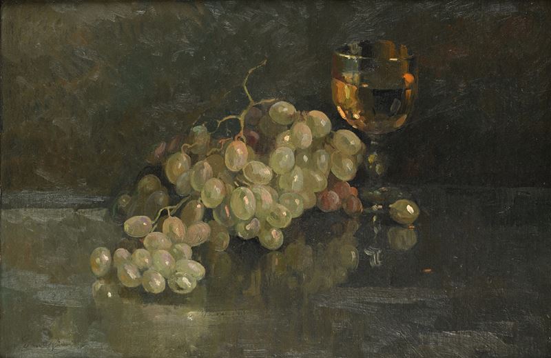 Dante Ricci - Natura Morta con Uva e Calice di Vino Bianco