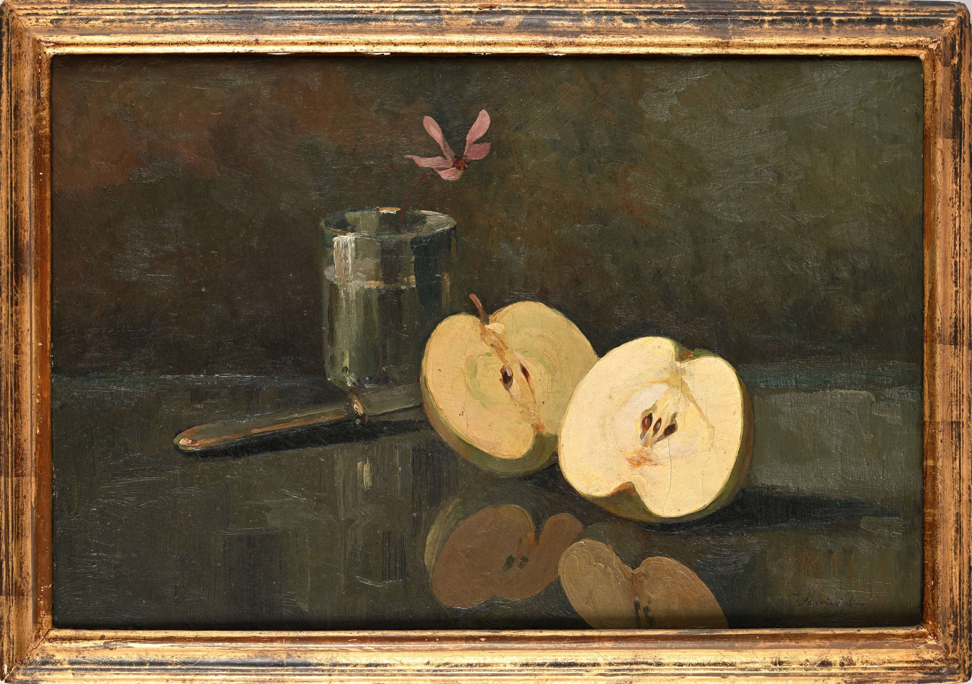 Dante Ricci - Natura Morta con Due Mele, Coltello e Fiore in un Bicchiere.