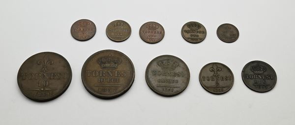 10 Tornesi del 4° tipo 1857, 5 Tornesi del 3° tipo 1846, 2 Tornesi del 2° tipo 1857, 1 Tornese del 1° tipo 1835, 1840, del 2° tipo 1852, 1853, 1/2 Tornese 1853 Ferdinando II di Borbone; 10 Tornesi 1859, 2 Tornesi 1859 Francesco II di Borbone Regno delle Due Sicilie