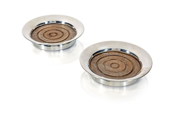 Coppia di sottobottiglia in legno e argento sterling, Cartier