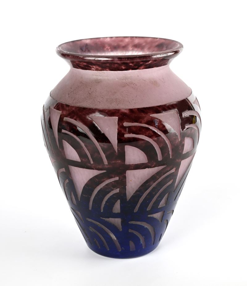 Degué - Vaso in Vetro nei Toni del Blu e del Viola a Motivi Geometrici
