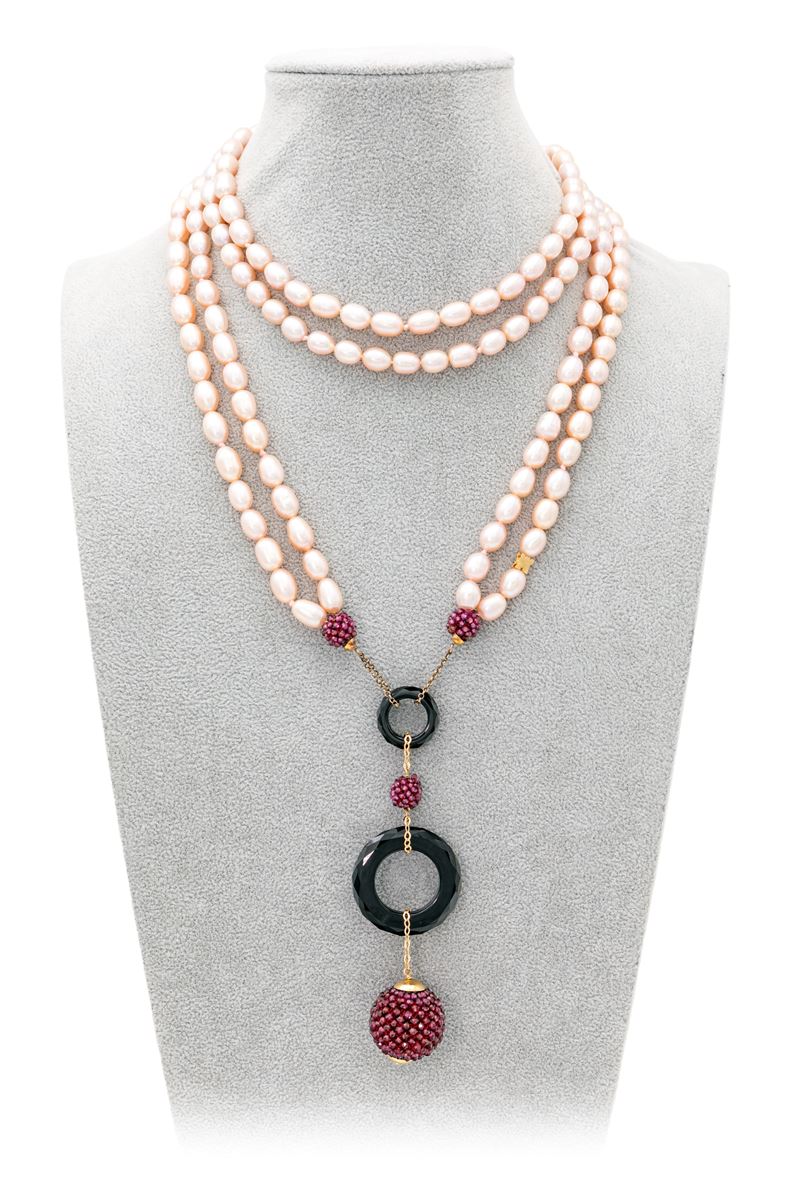 Rajola, Collana di Perle, Oro, Rubini e Onice