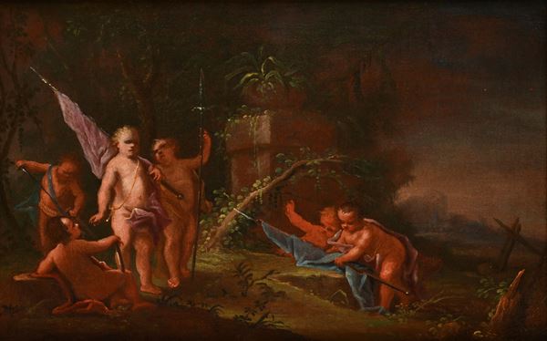 Scuola veneta del XVIII secolo - Allegoria con putti in gioco di guerra
