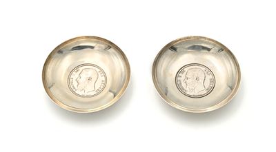 Coppia di Piattini in Argento 800/000 con al Centro 5 Franchi 1872 e 1873 Belgio Leopoldo II