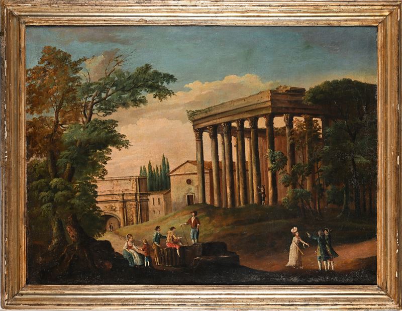 Pittore Napoletano del XVIII Secolo - Capriccio Architettonico con Figure