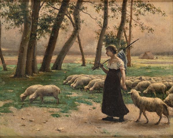 Scuola Italiana del XIX secolo - Pastorella con gregge di pecore