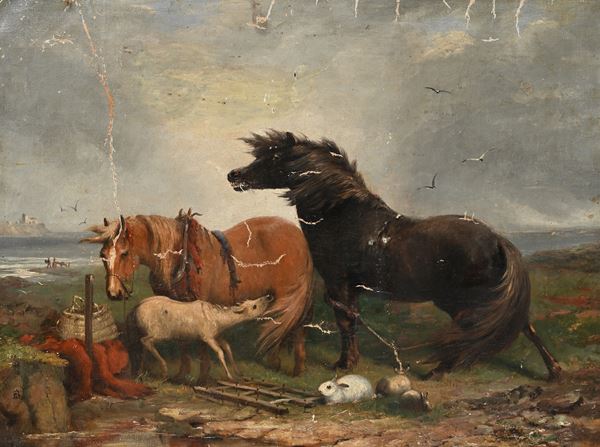 Paesaggio costiero con cavalli, puledro e conigli