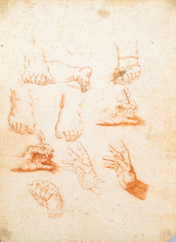 Recto: Studi di mani e piedi; Verso: Studi di mano