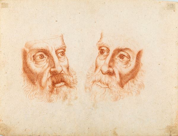 Recto: Studi di due volti maschili con barba, Verso: Studi di due profili femminili
