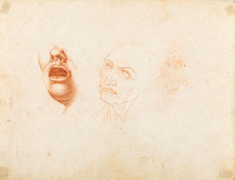 Pittore Accademico degli Inizi del XIX Secolo - Recto: Studi di Volti, Verso: Studio di Due Profi...