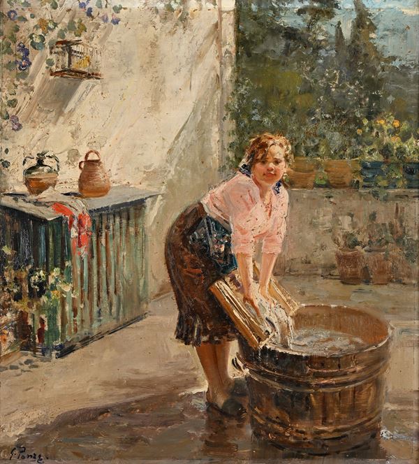 Giovane lavandaia in terrazza