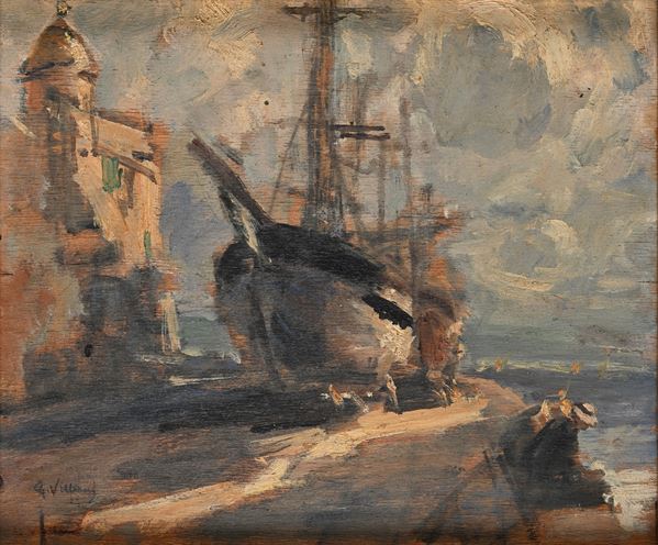 Scorcio di borgo marinaro con barca in secca e due figure sedute sul molo 