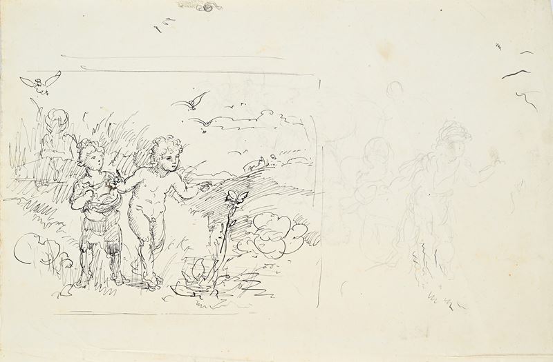 Scuola Lombarda del XIX Secolo - Recto: Studi di Putto - Verso: Studio di Nudo Femminile