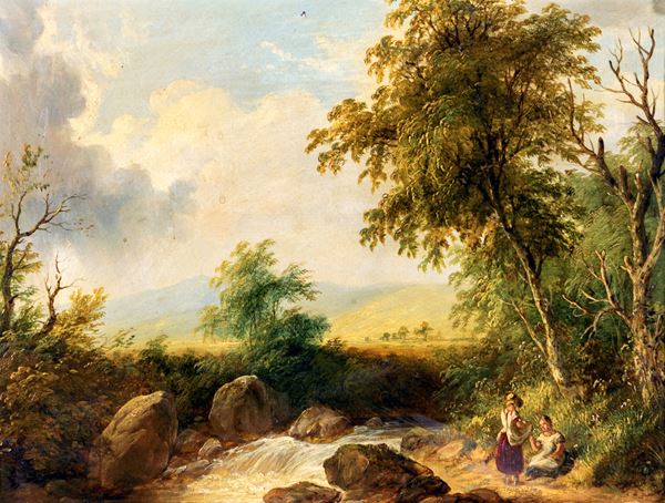 Scuola inglese del XIX secolo - Due giovani donne in sosta presso un ruscello in un paesaggio di campagna