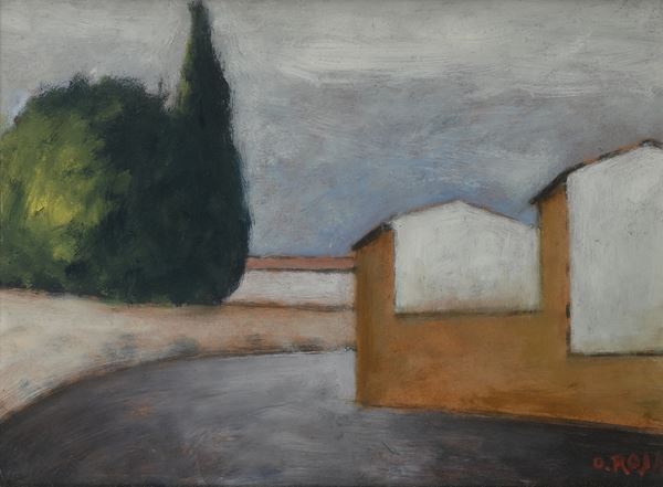 Ottone Rosai - Strada in curva con case e alberi