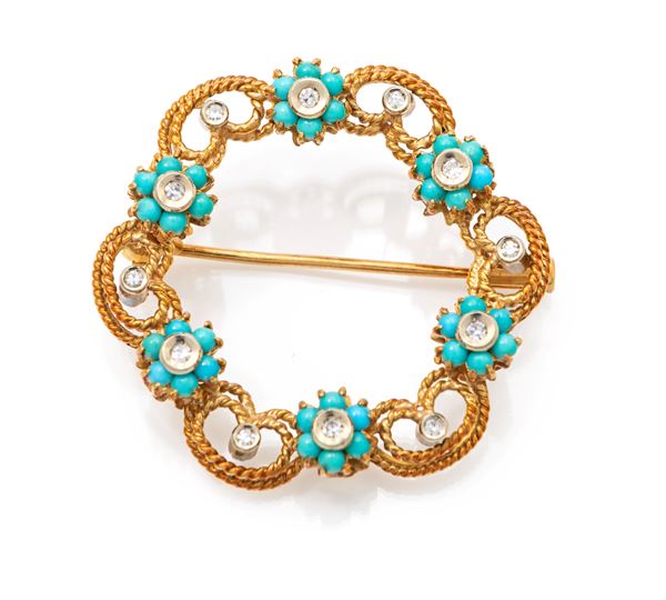 Spilla oro, turchesi e brillanti
