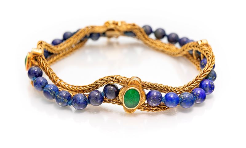 Bracciale in Oro, Lapislazzuli e Smalto Verde