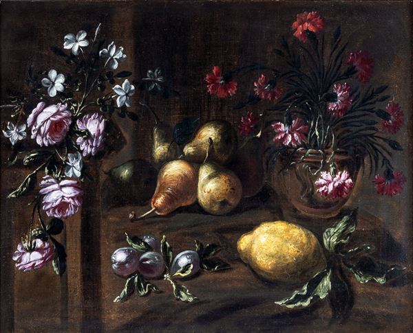 Natura morta con fiori, pere, ficchi, mela cotogna