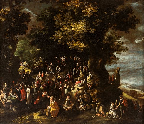 La predica del Battista tra una folla di astanti in un paesaggio