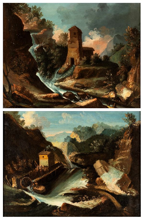 Coppia di dipinti: A) Paesaggio collinoso con casolare diroccato e torrente B) Paesaggio con rocce e mulino su un fiume