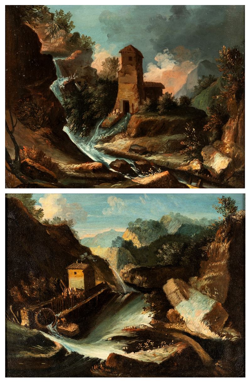 Coppia di dipinti: A) Paesaggio collinoso con casolare diroccato e torrente B) Paesaggio con rocc...