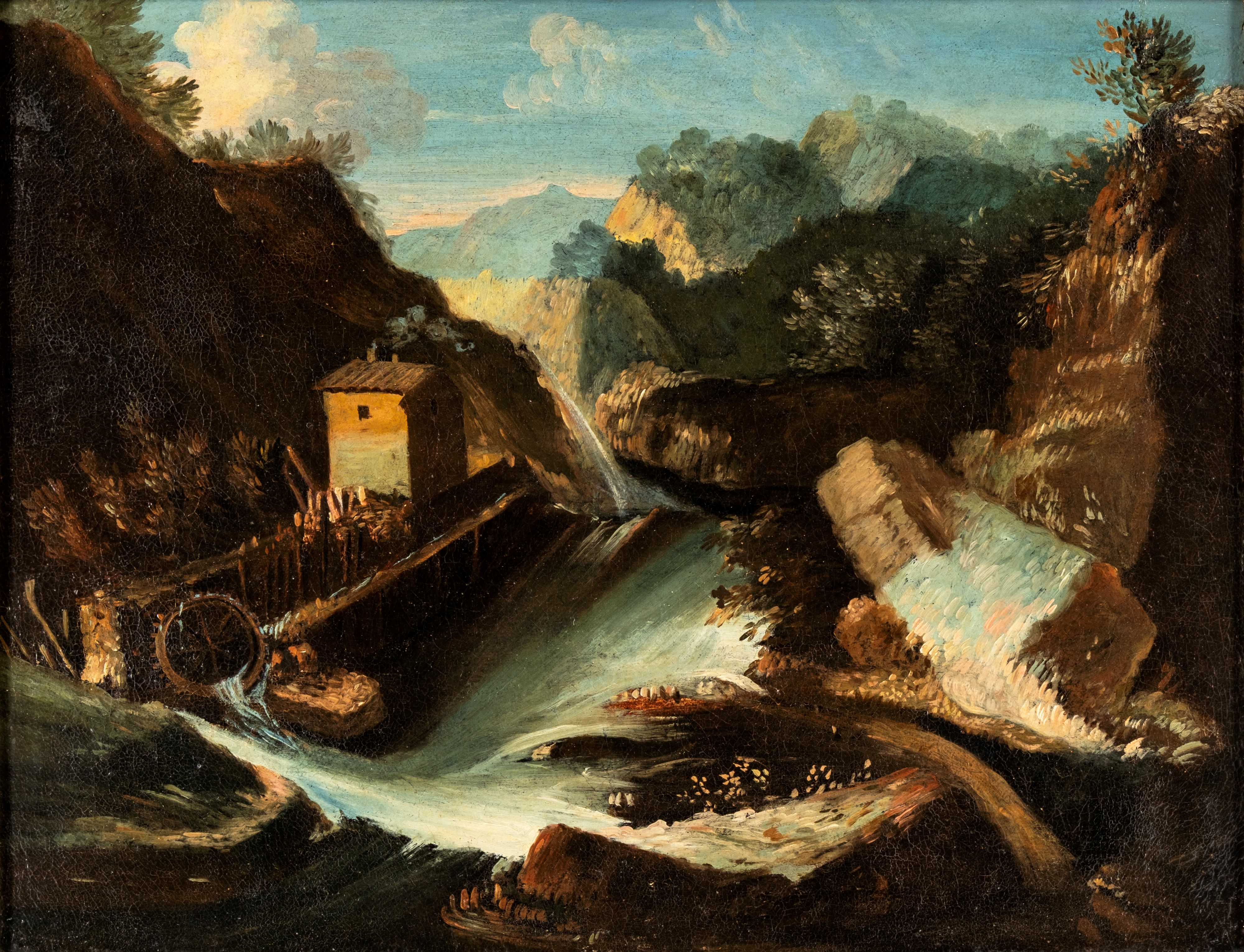Coppia di dipinti: A) Paesaggio collinoso con casolare diroccato e torrente B) Paesaggio con rocc...