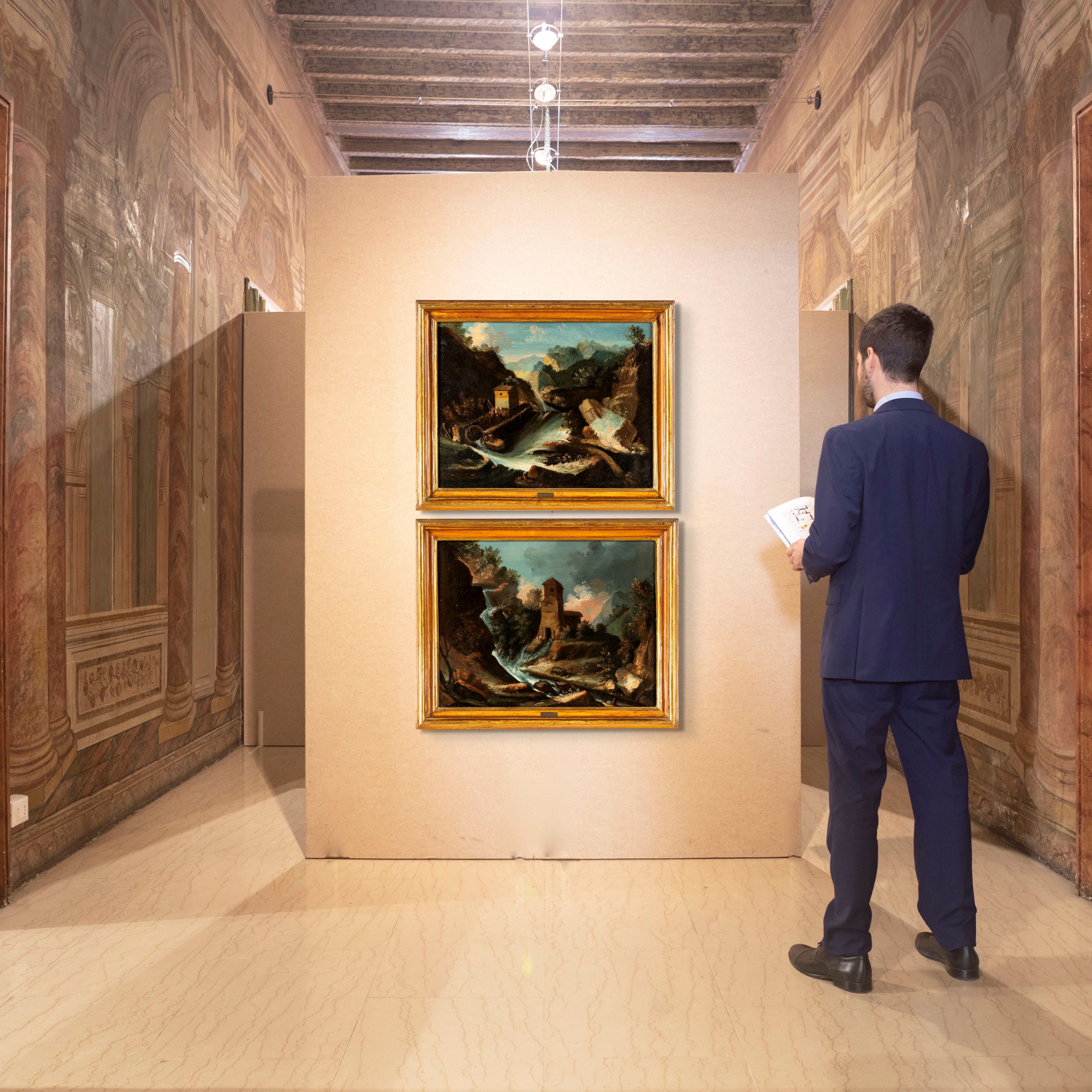 Alessio De Marchis - Coppia di paesaggi con casolare diroccato e torrente; paesaggio con rocce e ...
