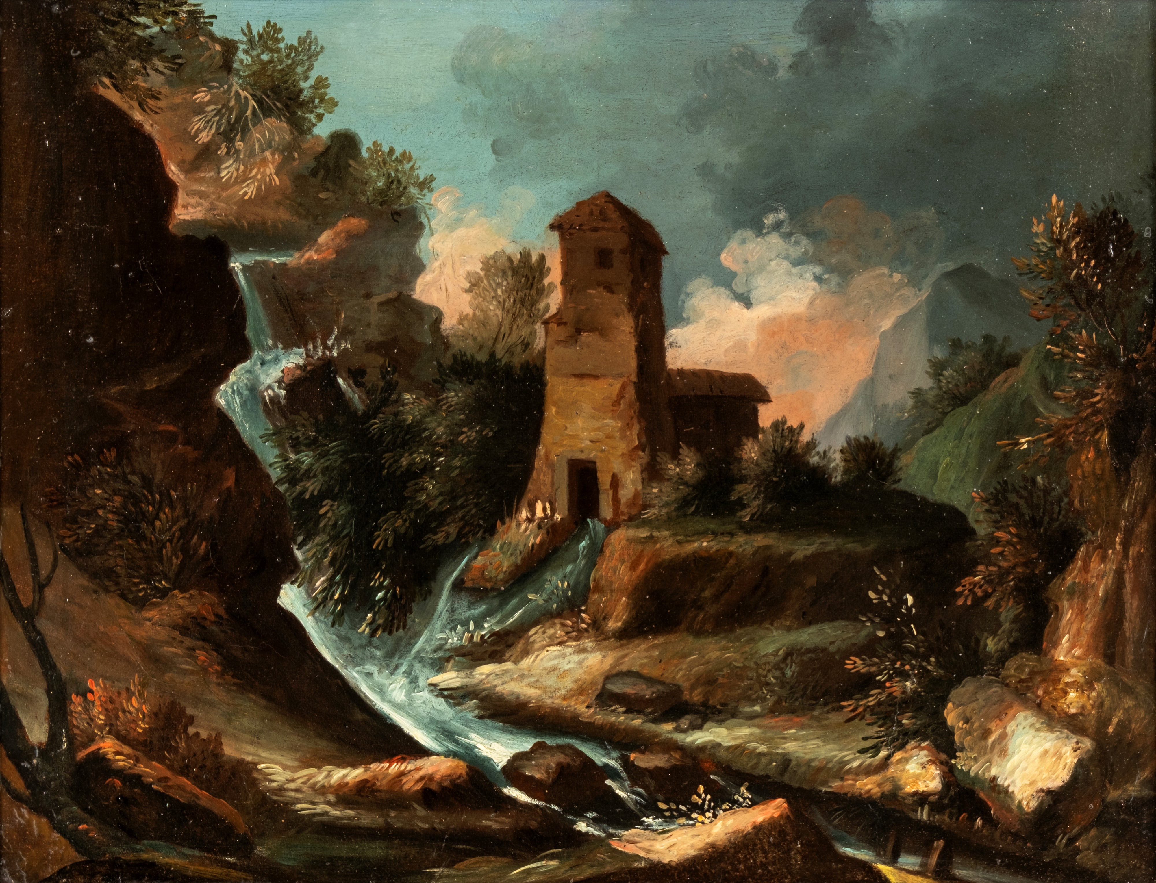 Coppia di dipinti: A) Paesaggio collinoso con casolare diroccato e torrente B) Paesaggio con rocc...