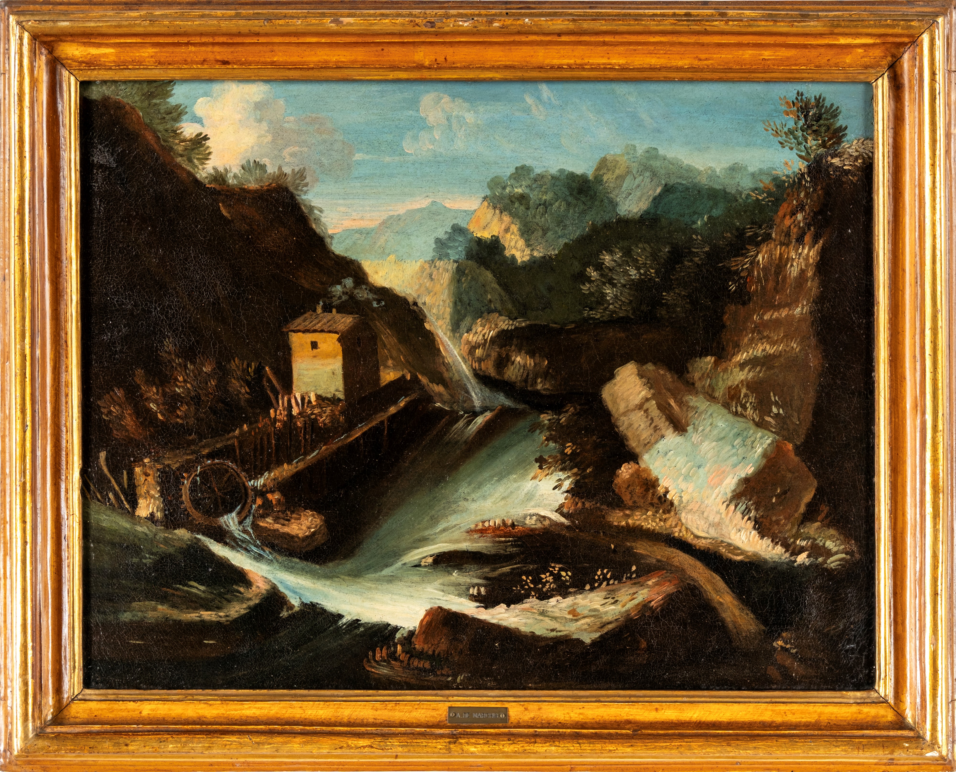 Coppia di dipinti: A) Paesaggio collinoso con casolare diroccato e torrente B) Paesaggio con rocc...