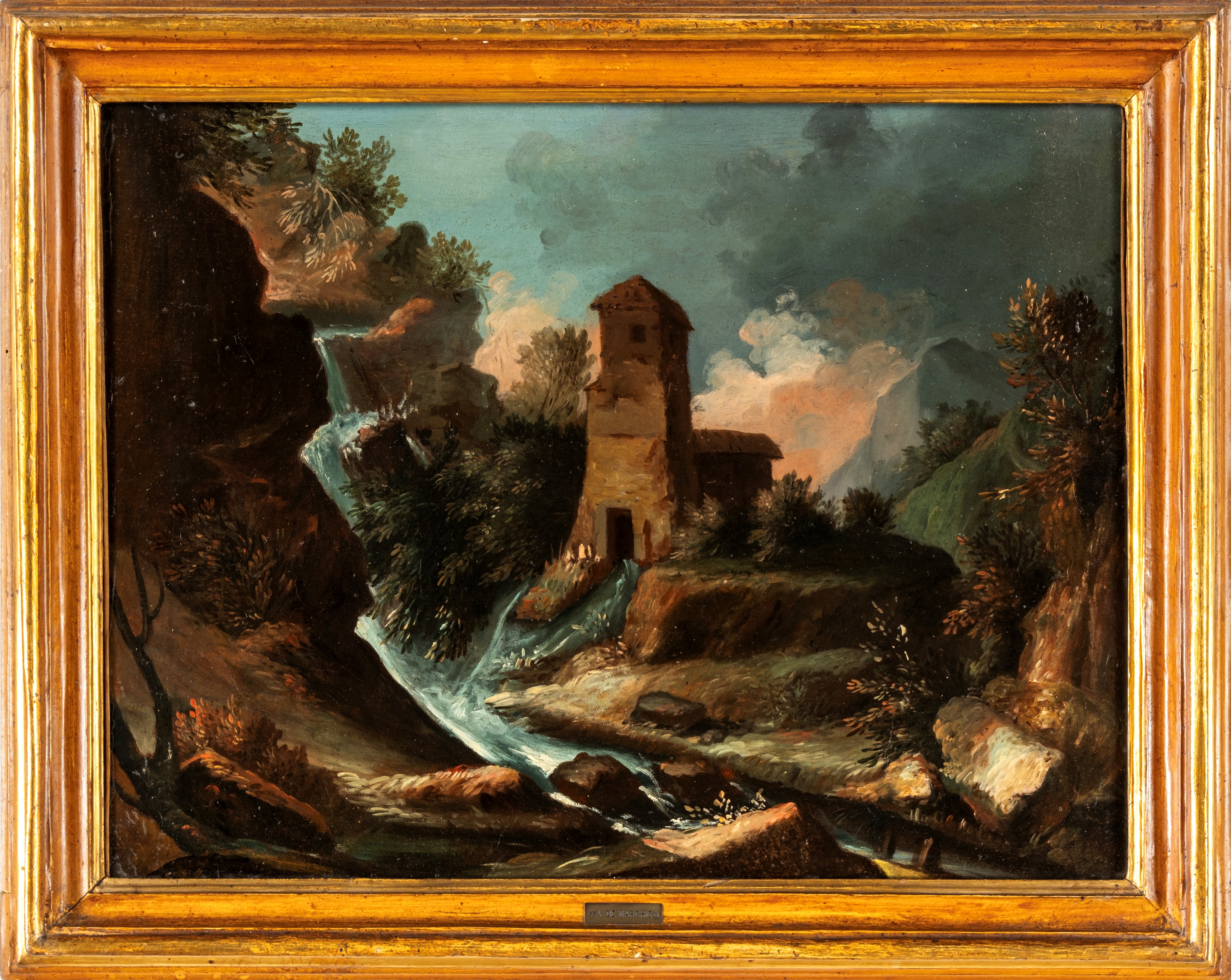 Coppia di dipinti: A) Paesaggio collinoso con casolare diroccato e torrente B) Paesaggio con rocc...