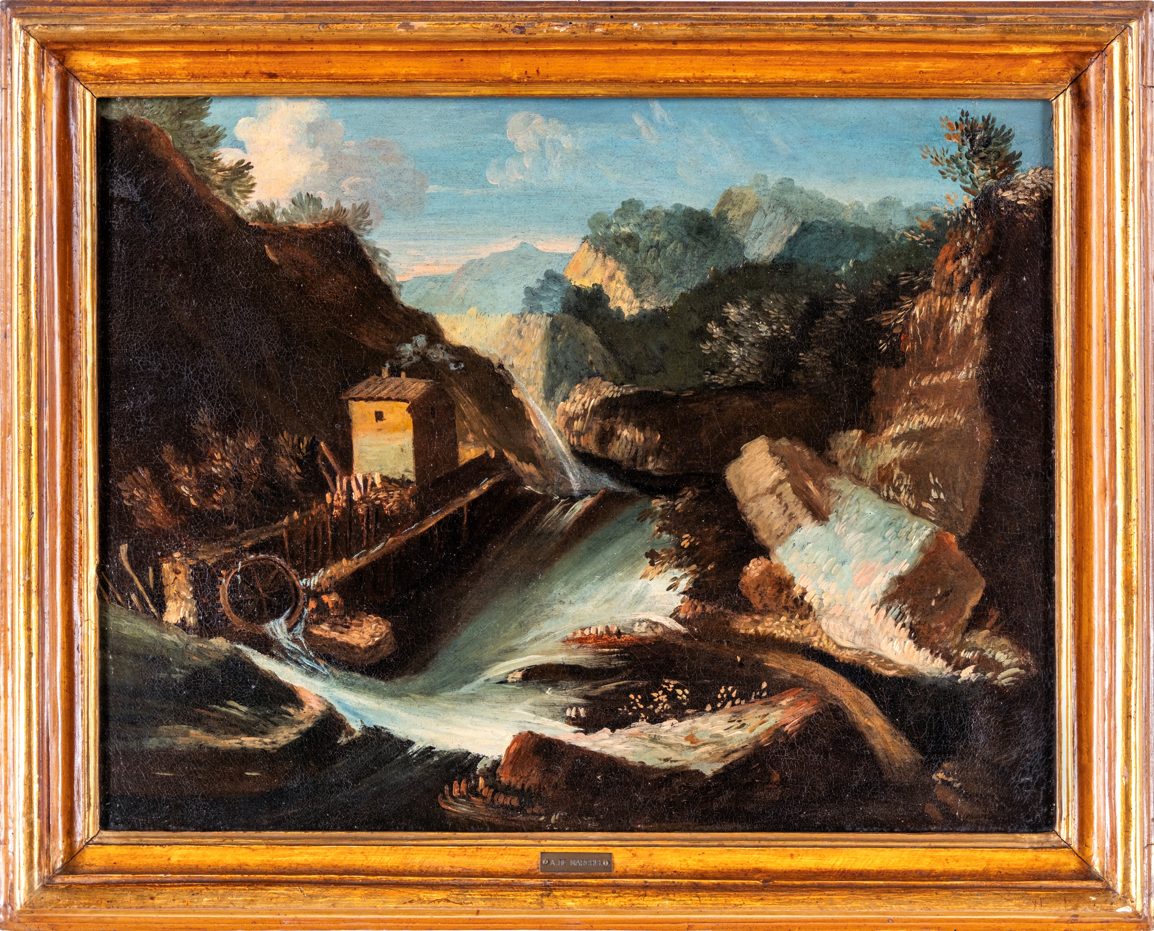 Coppia di dipinti: A) Paesaggio collinoso con casolare diroccato e torrente B) Paesaggio con rocc...