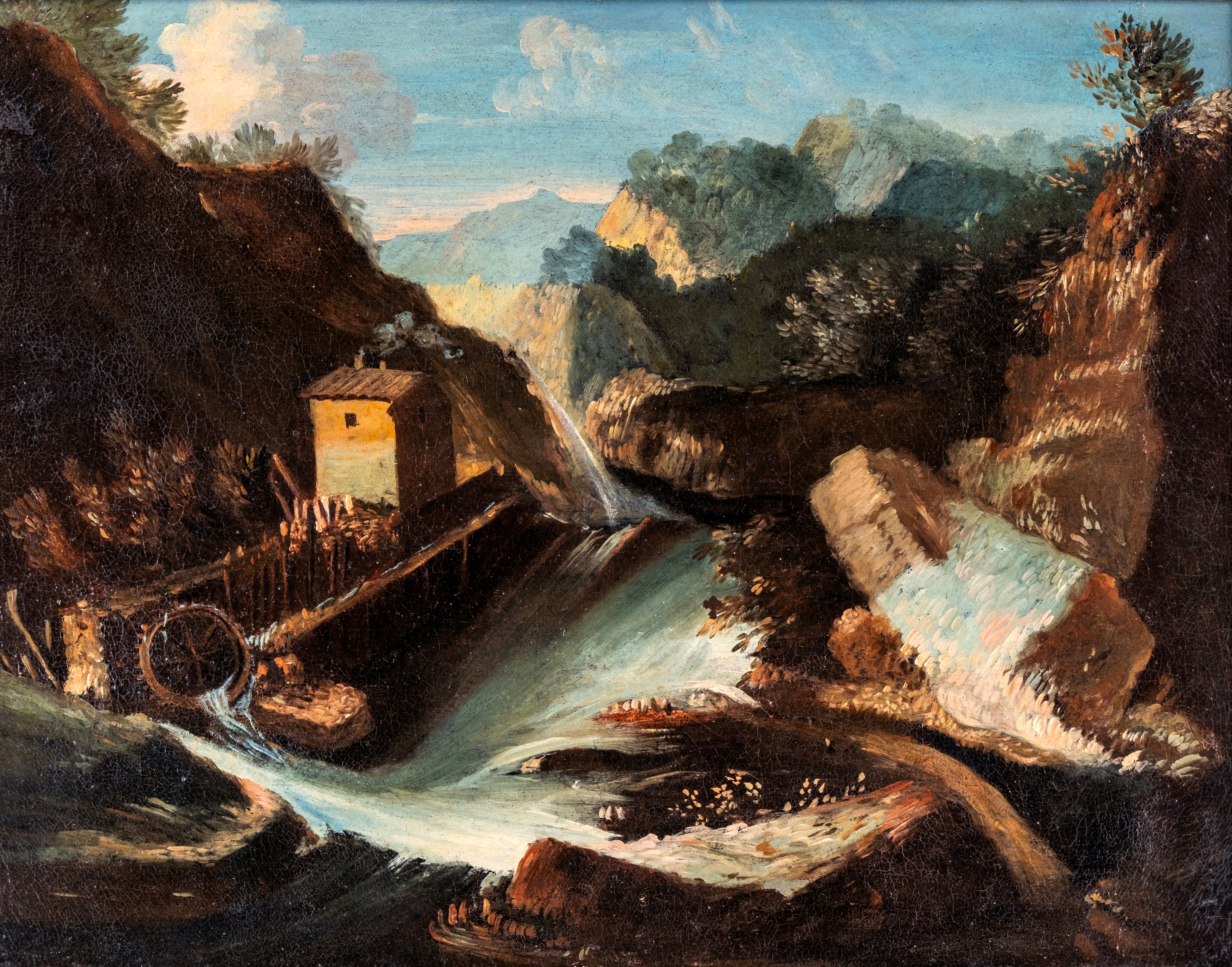 Coppia di dipinti: A) Paesaggio collinoso con casolare diroccato e torrente B) Paesaggio con rocc...