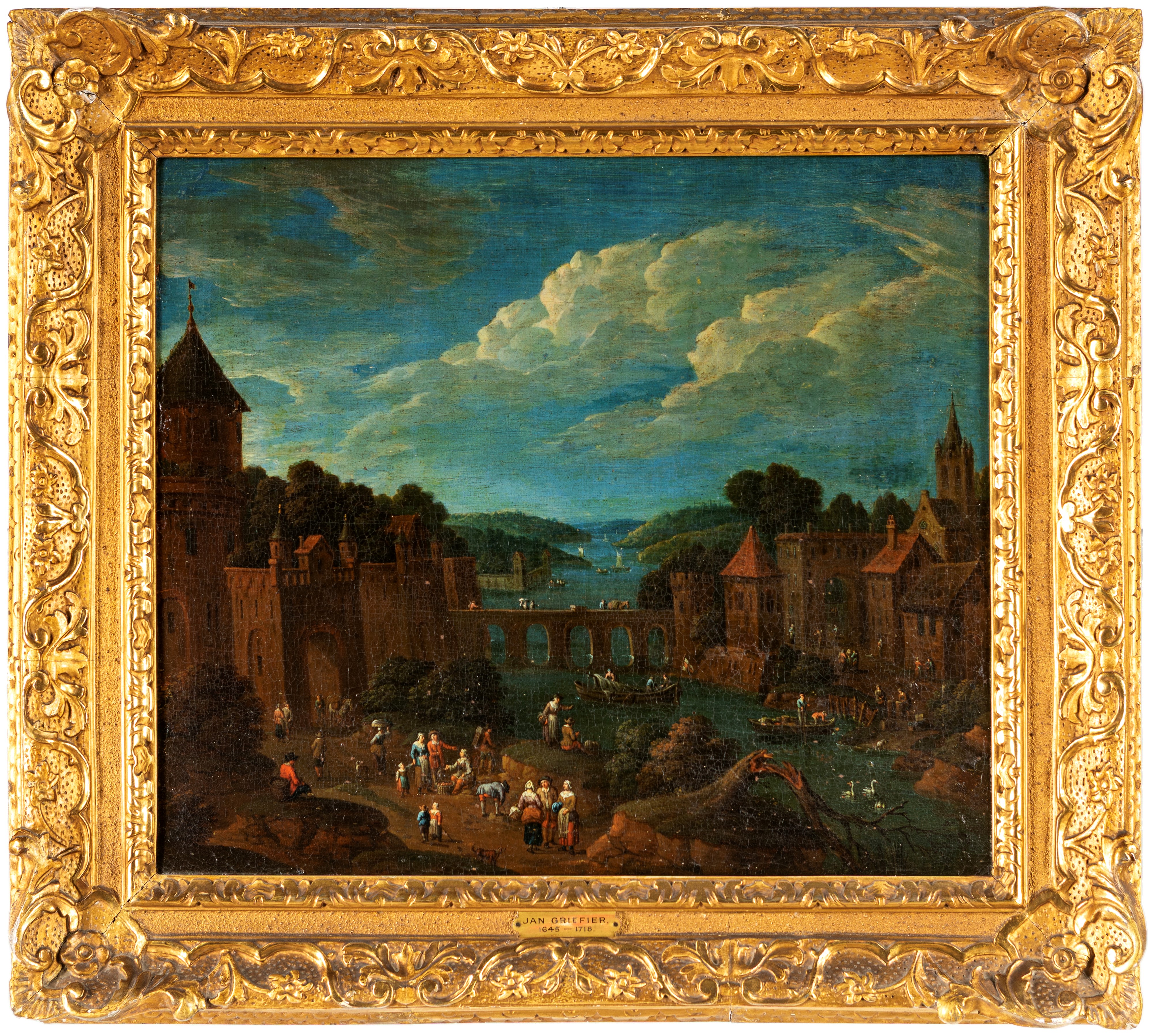 Paesaggio con fiume e paese