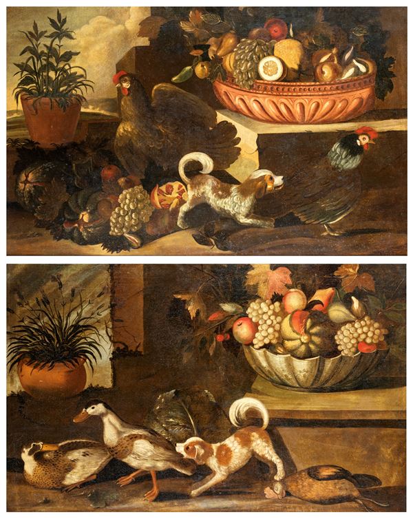 Coppia di dipinti: Natura morta con animali e frutta